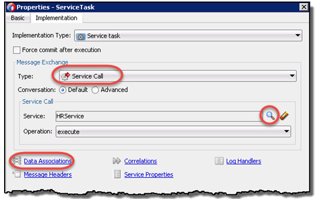 Select the Service and open the Data Associations dialog
