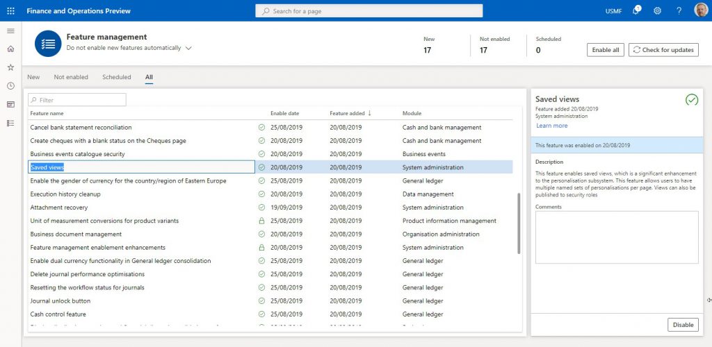 Finance and Operations feature management screenshot