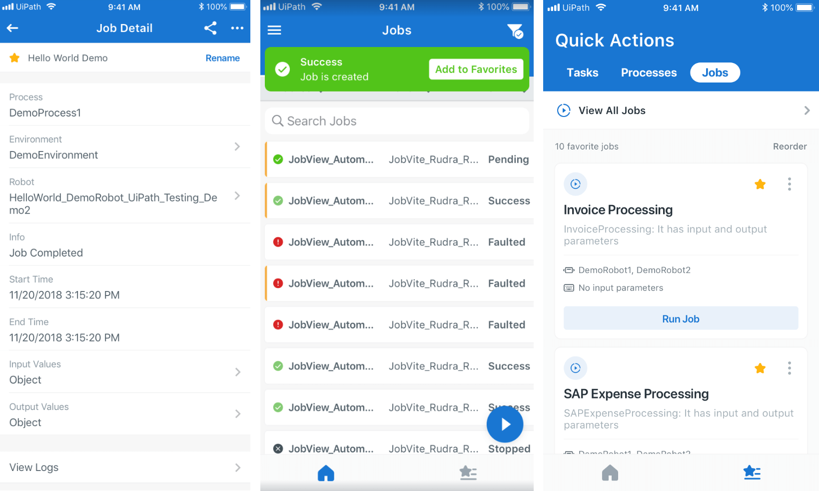 uipath orchestrator mobile app favorite jobs