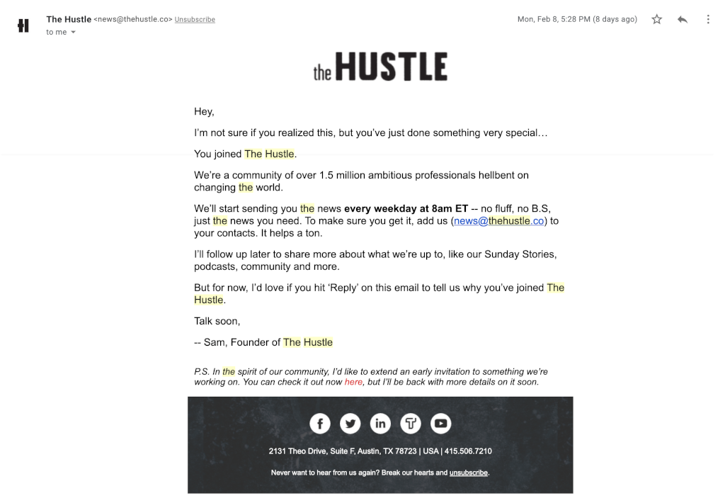 The hustle welcome email
