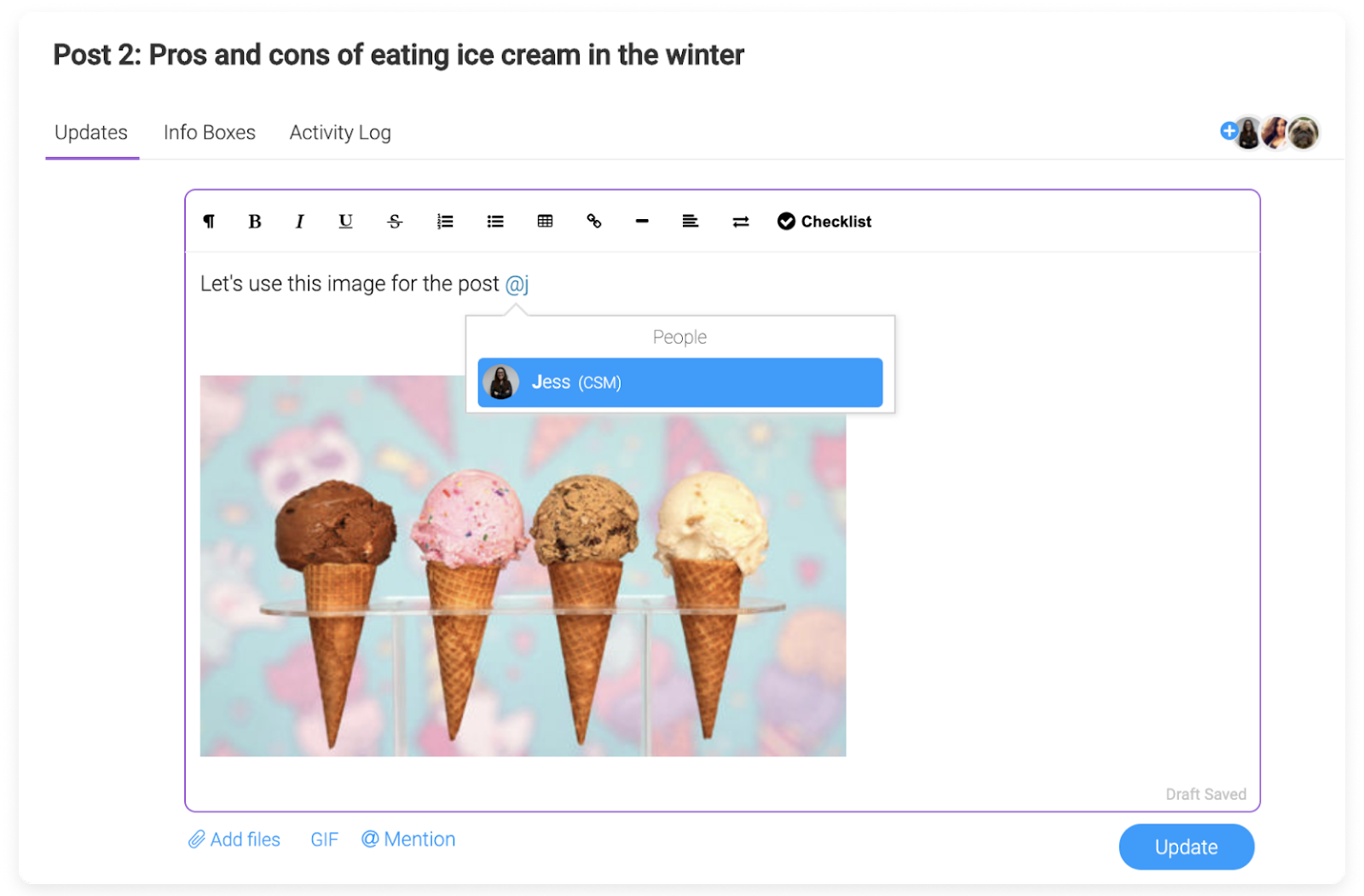 monday.com allows users to collaborate with comments, file sharing, and more.