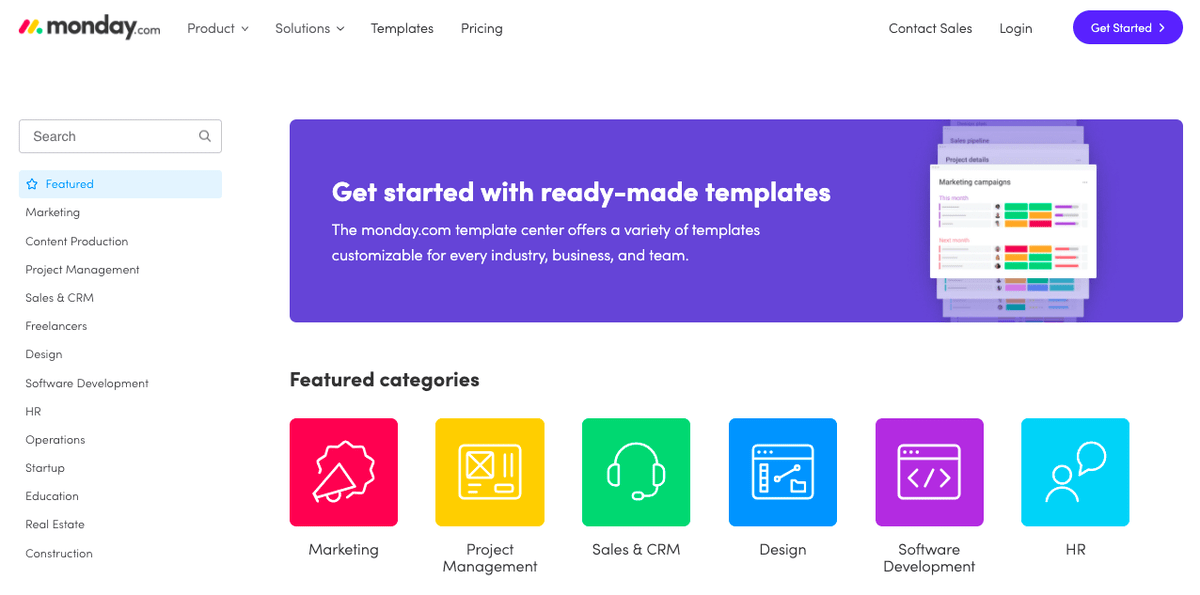Screenshot of monday.com template center