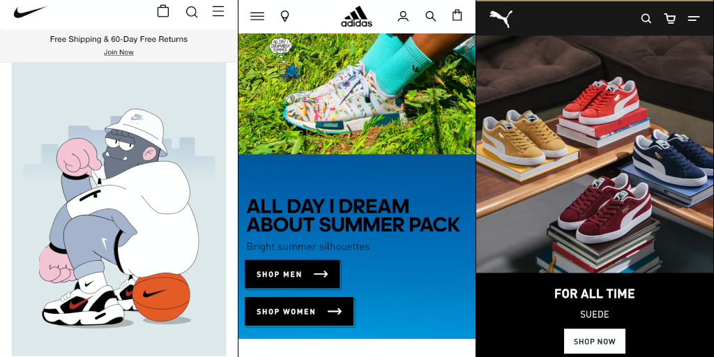 Ecommerce mobile screenshots of Nike, Adidas, and Puma