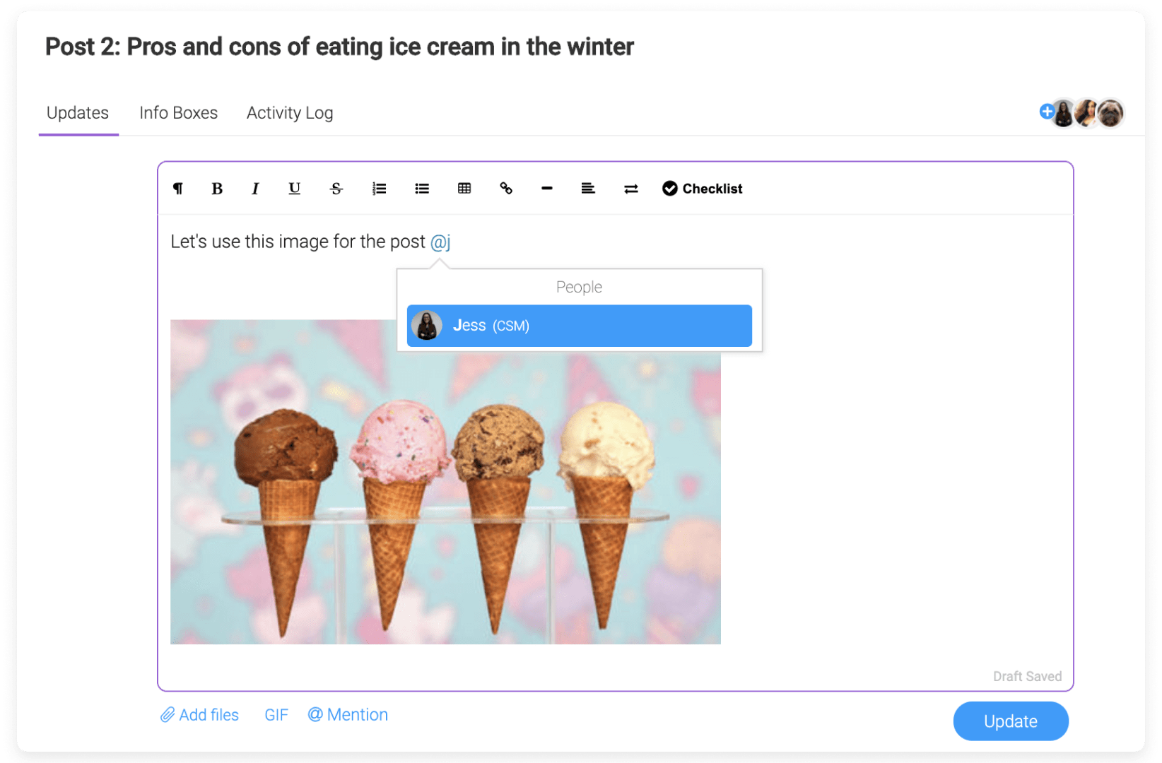 monday.com allows teams to collaborate by adding comments to tasks and tagging team members