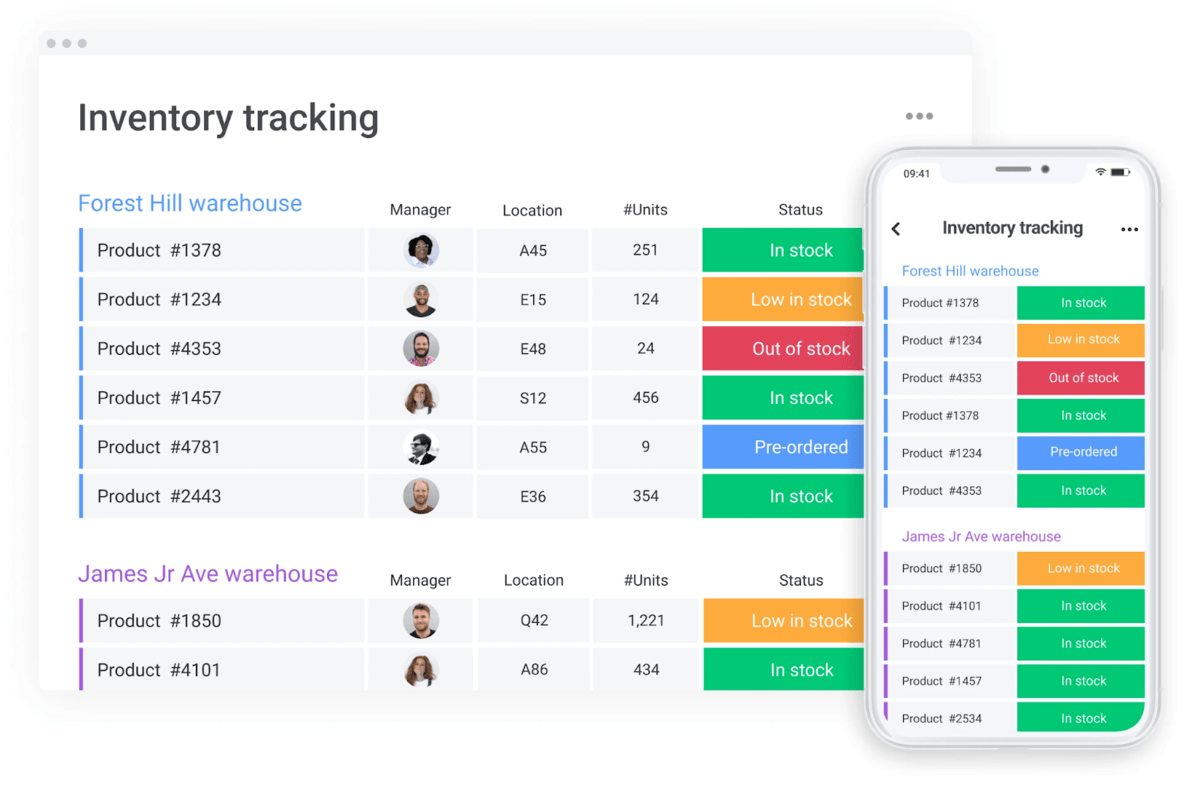 Image of monday.com's inventory tracking template on desktop and mobile