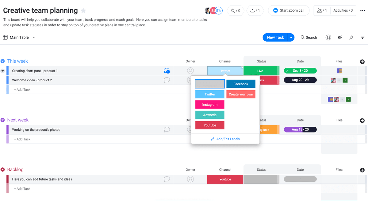 Image of monday.com's creative team planning template