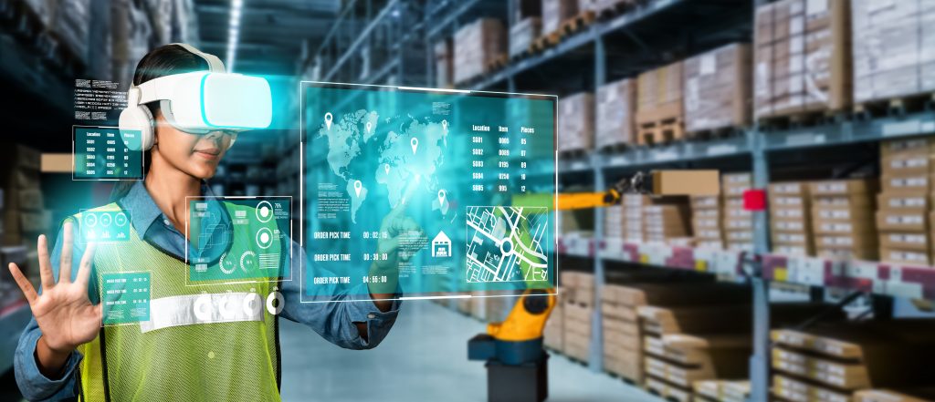 Future virtual reality technology for innovative VR warehouse management represents safety solutions.