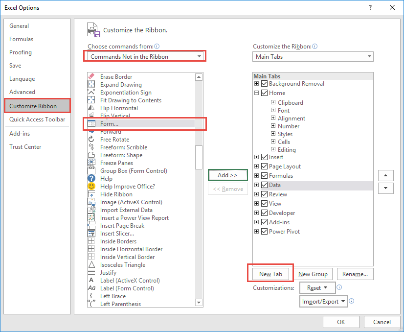 how to add forms to excel ribbon