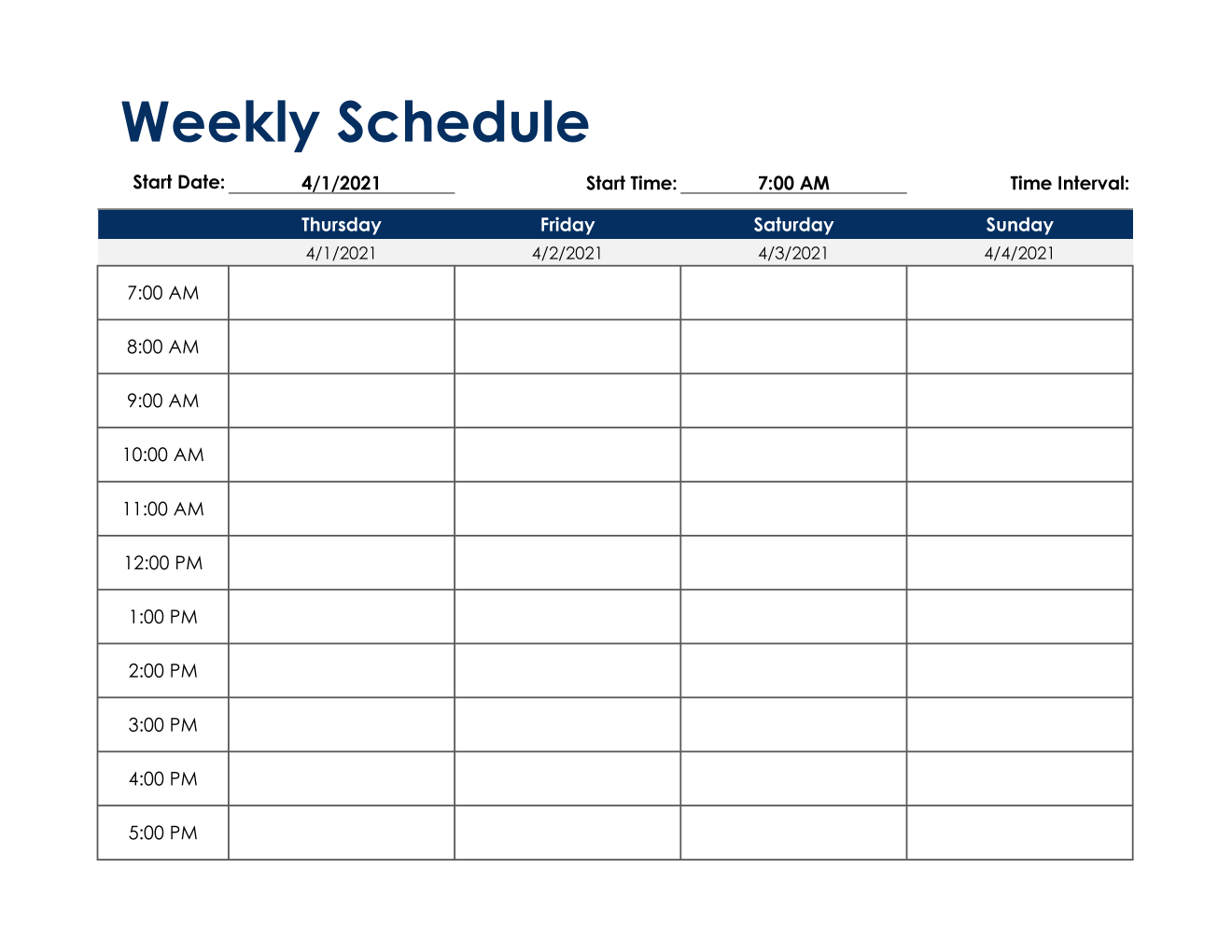 Example of a weekly schedule template with time segments