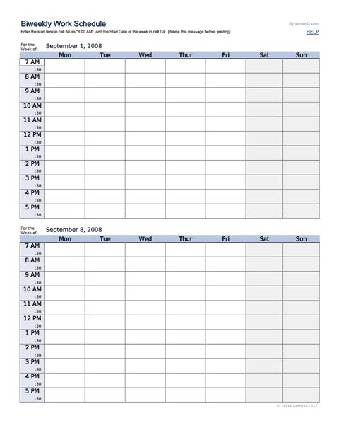 Example of a bi-weekly work schedule template