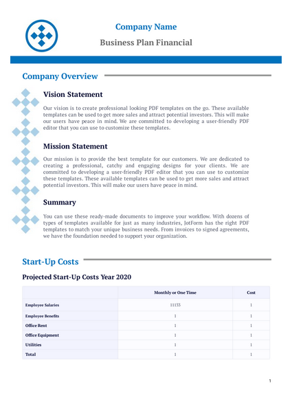 Start-up business plan template example