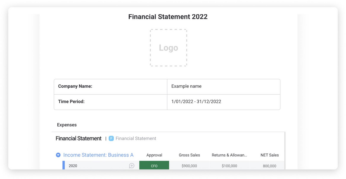 example of monday.com's financial statement template