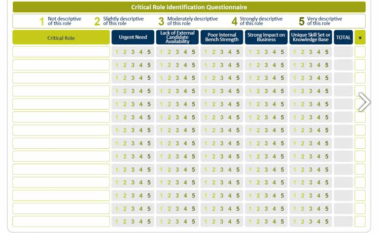 screenshot of questionnaire detailing skills for critical roles