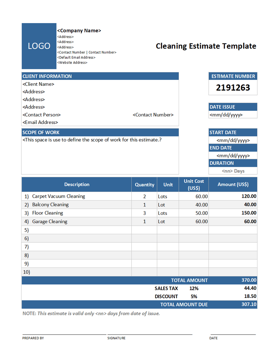 example of a work estimate template for the cleaning industry