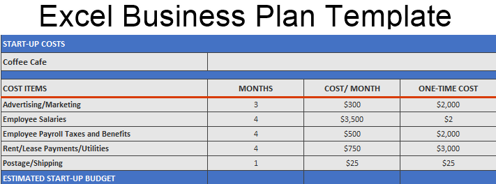 Business plan shown in Excel spreadsheet
