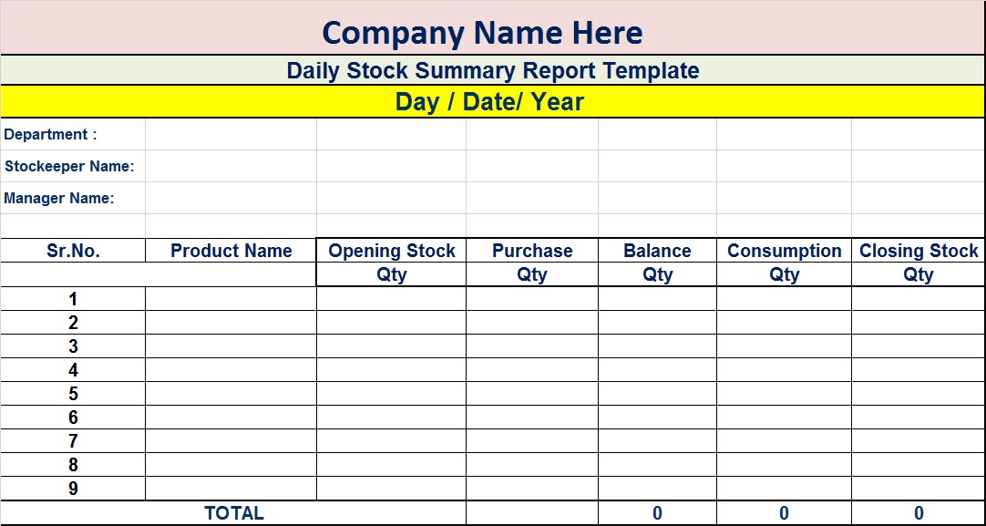 example of an excel summary template for stock reporting