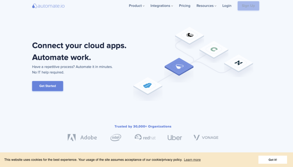 Automate.io: Screenshot showing one of the top 4 free workflow tools 