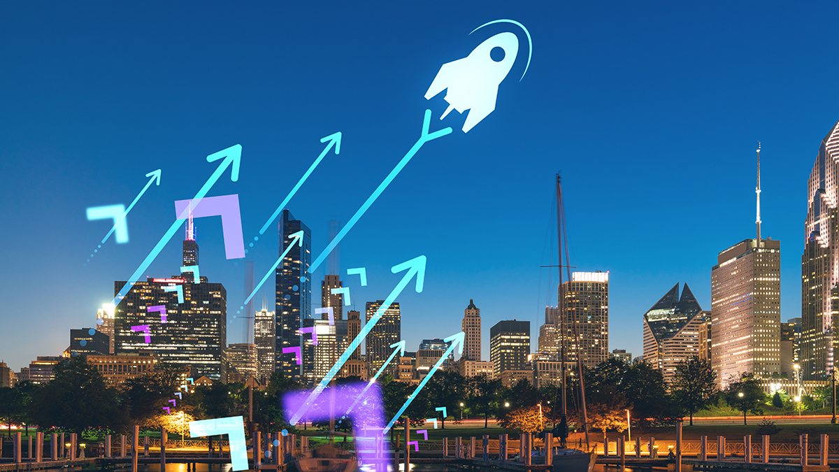 Image of the downtown Chicago skyline with a rocket icon indicating B2B integration and scalability.