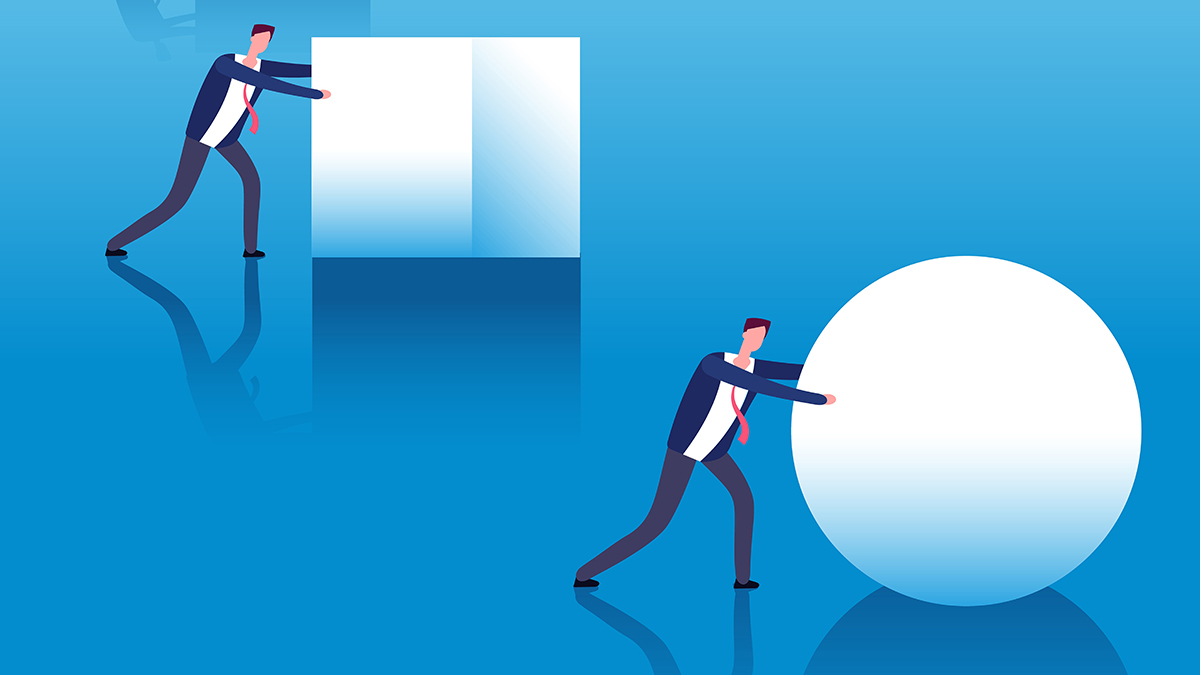 Illustration of two male professionals. One is pushing a square block and is behind the other who is pushing a sphere which symbolizes how businesses fall behind with legacy technology.