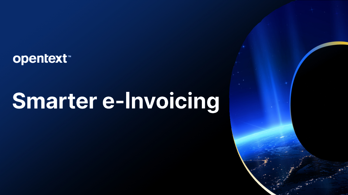 This is an image of a stylized O representing OpenText with the words Smarter e-Invoicing on the image.